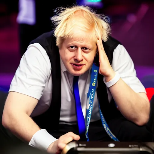 Prompt: Boris Johnson nervously playing video games at a E sports event on a team