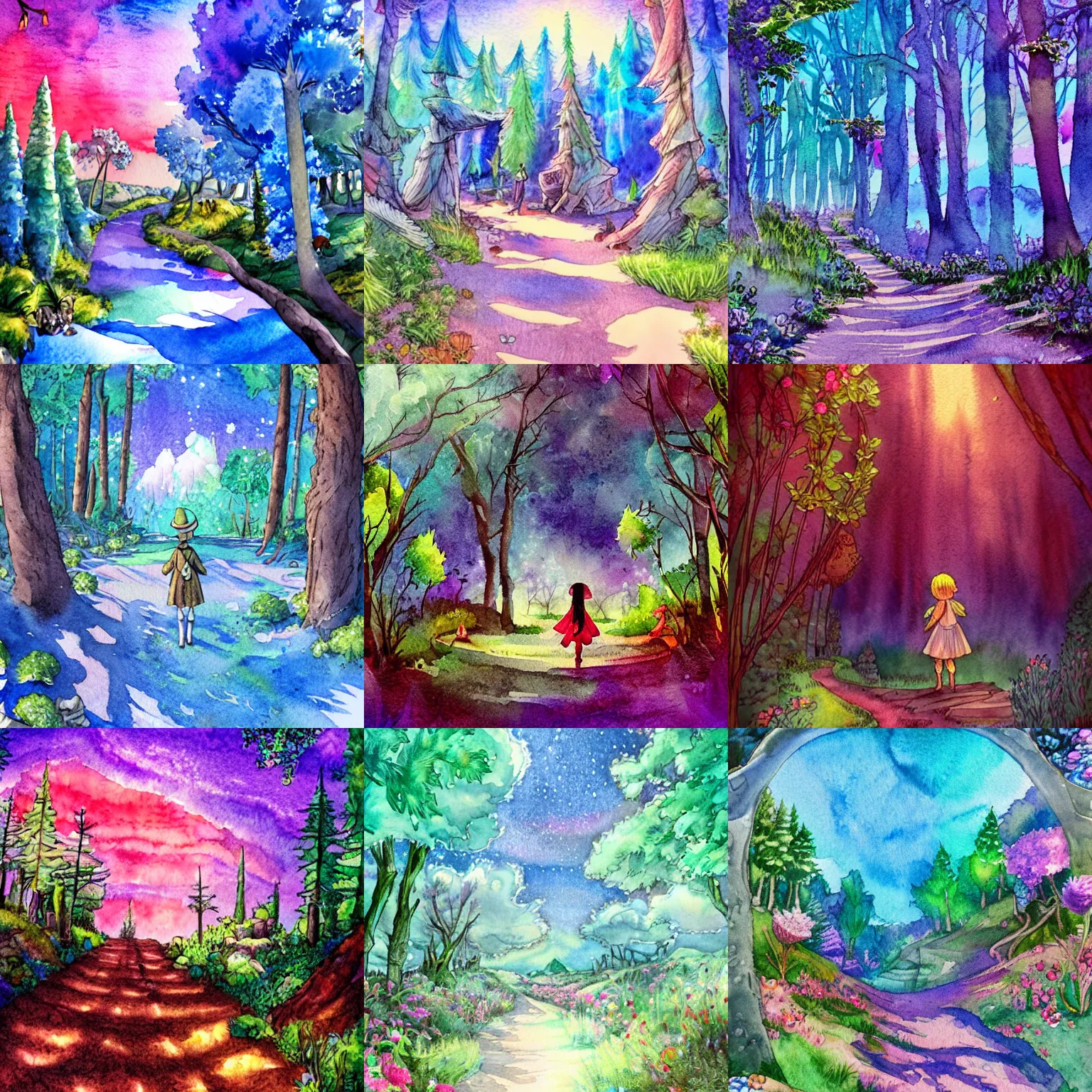 Prompt: Welcome to wonderland, I'll be your guide, Holding your hand under sapphire skies. Let's go exploring, or maybe just go for a walk? watercolor style, detailed, lighting, landscape