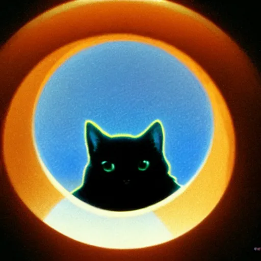 Image similar to a cat peeks out of a circular bubble window, 1 9 9 0 s anime, soft glow