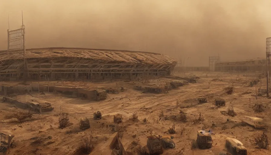 Prompt: Abandoned stadium under tons of sand during sandstorm in Mad Max, hyperdetailed, artstation, cgsociety, 8k