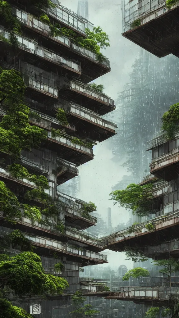 Prompt: photo in style of hiroshige and piranesi. biopunk timber futuristic building in a urban setting. ultrarealistic. rainy. mossy buildings have deep tall balconies with plants, trees, and many people. thin random columns, large windows, deep overhangs. greeble. 8 k, volumetric lighting.