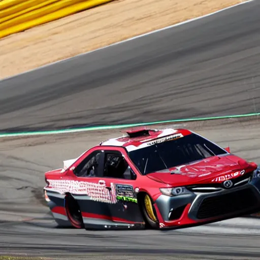 Prompt: a 2 0 1 7 toyota camry nascar driving on a race track