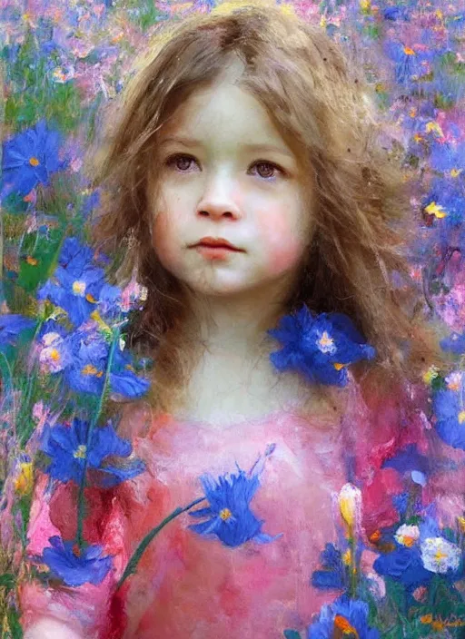 Prompt: a cute little girl with short light brown curly hair and blue eyes standing in a field of colorful wildflowers. detailed face. beautiful painting by ruan jia