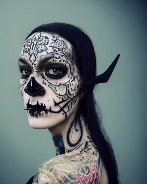 Image similar to photorealistic head and shoulders photo of beautiful female ornate fantasy Witch goddess, confident, minimal black skull warpaint, tattoos, Neil Blevins, James Paick, Natasha Tan Maciej Kuciara, Frank frazetta, arney freytag, Ritu Kumar, Sabyasachi Mukherjee, Magic the gathering,octane, bokeh, 8k, fashion pose, cinematic, 28mm