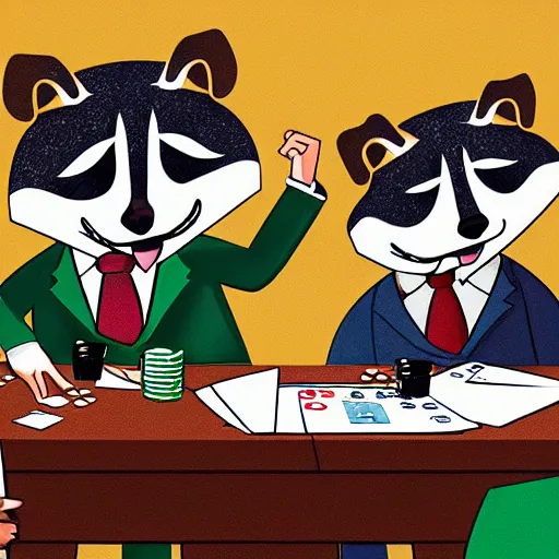 Image similar to illustration of gangster raccoons in smokings, playing poker, dollars, and pistolet on the table