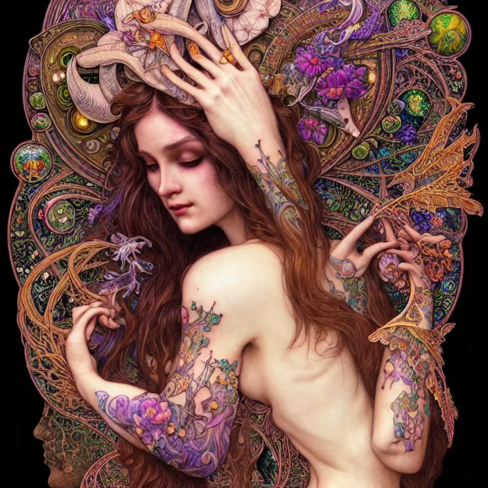 Prompt: psychedelic mushroom tattoo sleeve design, diffuse lighting, fantasy, intricate, elegant, highly detailed, lifelike, photorealistic, digital painting, artstation, illustration, concept art, smooth, sharp focus, art by John Collier and Albert Aublet and Krenz Cushart and Artem Demura and Alphonse Mucha