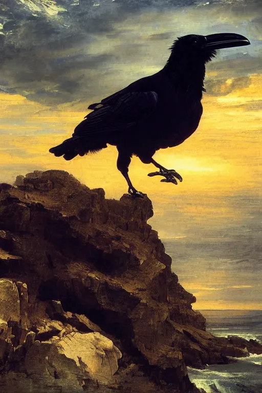 Image similar to a breathtakingly stunningly beautifully highly detailed extreme close up portrait of a raven under a rock arch, epic coves crashing waves plants, beautiful clear harmonious composition, dynamically shot, wonderful strikingly vivid beautiful dynamic sunset with epic clouds, detailed organic textures, by frederic leighton and rosetti and turner and eugene von guerard, 4 k