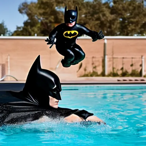 Prompt: batman doing a dive in the local pool