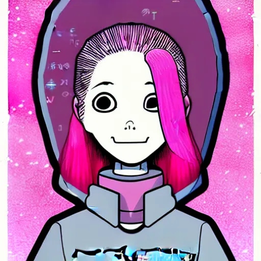 Image similar to realistic dark retro pulp sci - fi colored manga illustration of princess bubblegum by junji ito, with pink hair made of bubblegum, confident scientist performing experiments in her lab