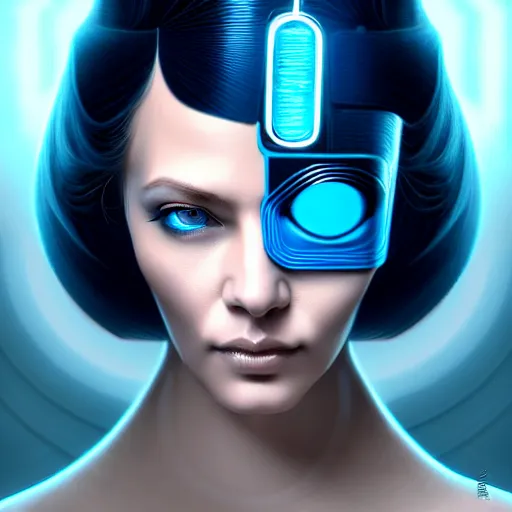 Image similar to woman with extremely large and intricate haircut with friendly blue eyes and slim features looking askance, eye cyberpunk bionics, retro futurist style, intricate, elegant gleaming jewelry, angelic halo, highly detailed, digital painting, artstation, concept art, smooth, sharp focus, illustration, art by wlop, mars ravelo and greg rutkowski,