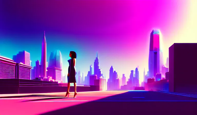 Prompt: a beautiful and immaculate futuristic city. the silhouette of a beautiful young woman standing in an alleyway. vaporwave ombre rendering. outrun style. trending on artstation. recommended for you behance. by chris moore. by edward hopper. beeple colors. ambient occlusion. digital matte painting. metropolis filmic. gotham city.