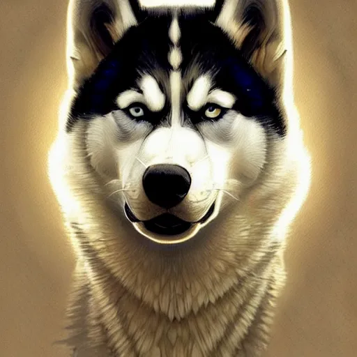 Image similar to beautiful detailed picture of a husky, radiant light, art nouveau, intricate, elegant, highly detailed, my rendition, digital painting, artstation, concept art, smooth, sharp focus, illustration, art by artgerm and greg rutkowski and alphonse mucha