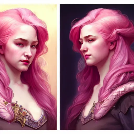 Image similar to aristocrat sad, female, d & d, fantasy, intricate, elegant, highly detailed, pink hair, digital painting, artstation, octane render, concept art, matte, sharp focus, illustration, hearthstone, art by artgerm, alphonse mucha johannes voss