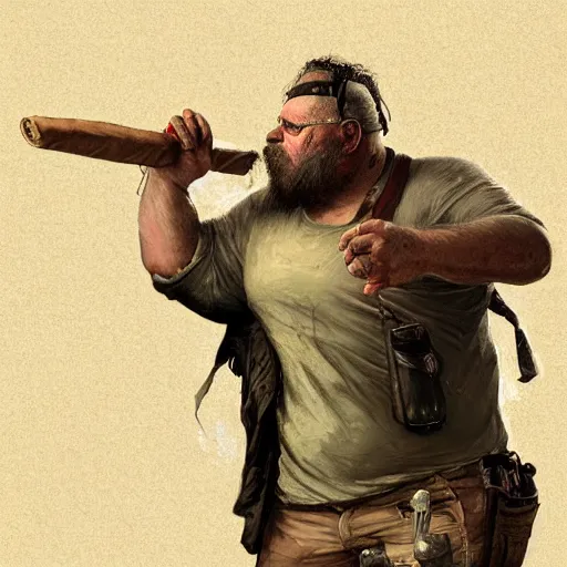 Prompt: epic portrait A man smoking a cigar and shooting zombies with a shotgun, white tank top, beard, buzzcut, apocalyptic, digital painting, artstation, concept art, soft light, hdri, smooth, sharp focus, illustration, fantasy, intricate, elegant, highly detailed, D&D, matte painting, in the style of Greg Rutkowski and Alphonse Mucha and artemisia, 8k, highly detailed, jurgens, rutkowski, bouguereau, pastoral, rustic, georgic