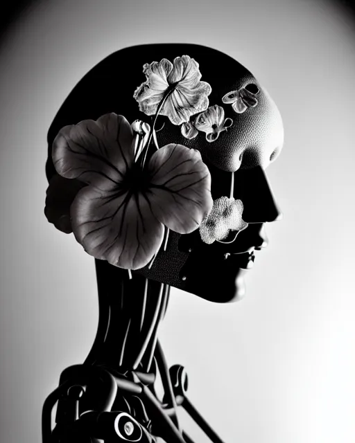 Image similar to black and white dreamy foggy poetic smoky profile face portrait, one silver steampunk realistic eye biomechanical beautiful angelic young female cyclope - cyborg - robot bust, body ribs meshes,, volumetric light, hibiscus flowers, by dora maar, rim light, big gothic fashion pearl embroidered collar, 8 k