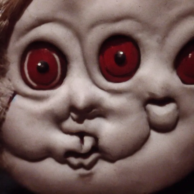 Prompt: horrifying doll, close-up of scary face big eyes, lost film