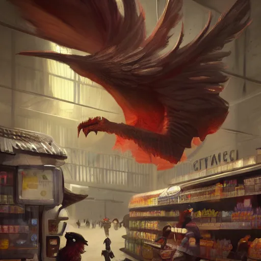 Prompt: digital painting of a super market grocery shopping elegant but deadly chicogriff, griffin chicogriff hybrid monster, by Greg Rutkowski, magic the gathering concept art, trending on artstation, 4k resolution, ((in a super market Costco))