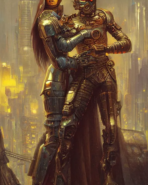 Image similar to a painting of a man in armor holding a woman, cyberpunk art by greg staples and by thomas blackshear and by michael whelan, cgsociety, fantasy art, dystopian art, androgynous, poster art