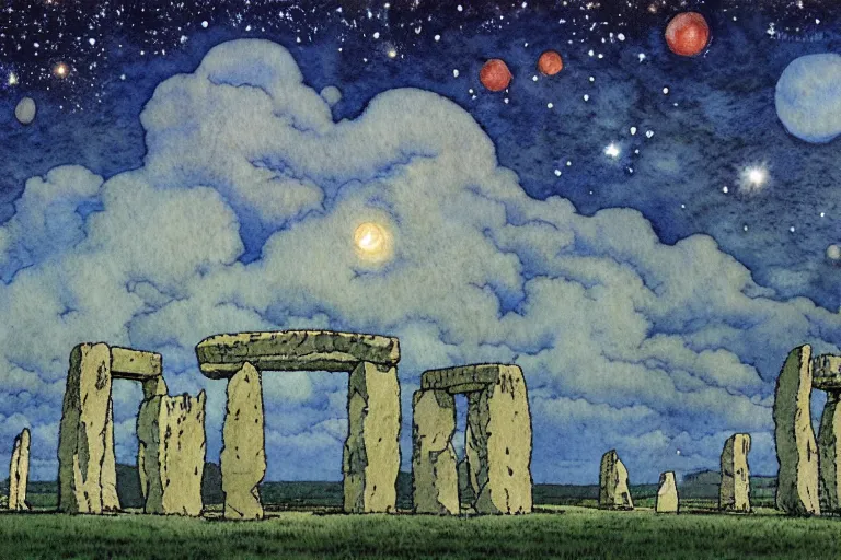 Image similar to hyperrealist studio ghibli watercolor fantasy concept art of a 1 0 0 ft. giant sitting on stonehenge. it is a misty starry night. by rebecca guay, michael kaluta, charles vess