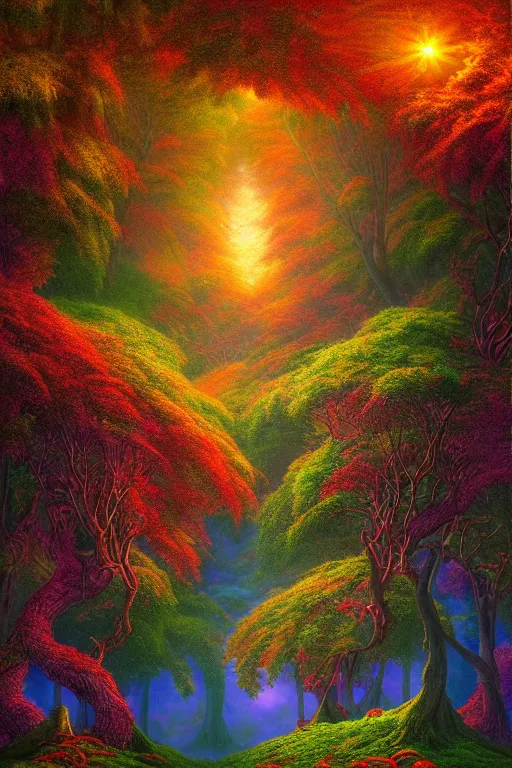 Prompt: Photorealistic Autumn Scenery Vibrant Fantasy Art in the style of Lisa Frank, Michael Whelan and Gustave Dore. Hyperdetailed photorealism, 108 megapixels, amazing depth, glowing rich colors, powerful imagery, psychedelic Overtones, 3D finalrender, 3d shading, cinematic lighting, artstation concept art