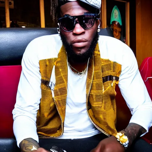 Image similar to burna boy, at church, rolling a cigarette, with a bottle of liquor next to him