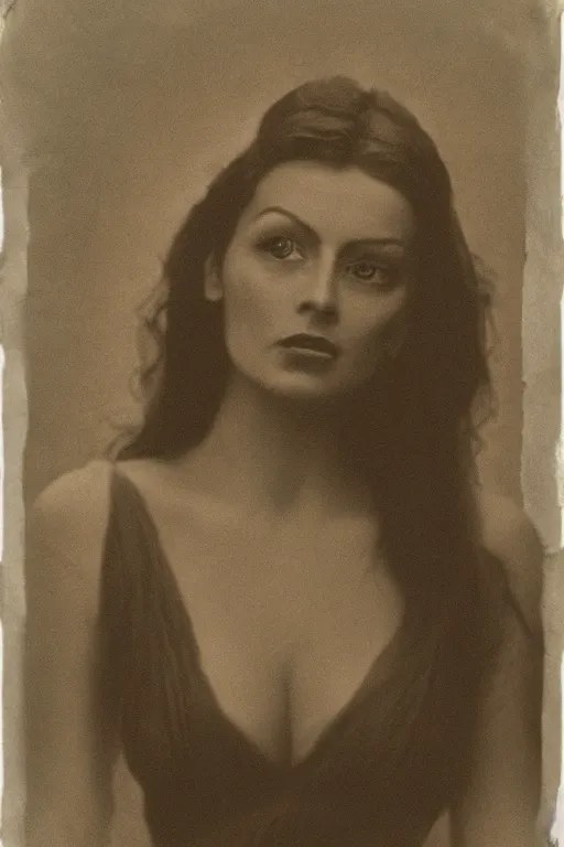 Prompt: teela, portrait, full body, symmetrical features, silver iodide, 1 8 8 0 photograph, sepia tone, aged paper, sergio leone, master prime lenses, cinematic