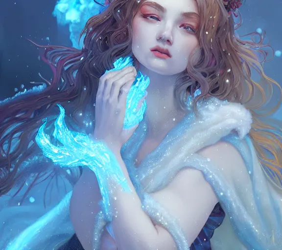 Prompt: beautiful ancient frost witch, fire in eye, snow glow!!, pool party, highly detailed, digital painting, artstation, sharp focus, illustration, art by tan zi and ayanamikodon and alphonse mucha and wlop