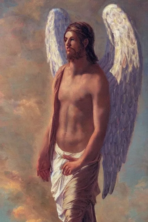 Prompt: sad. clothed male angel. SFW. wearing a toga. oil painting. masterpiece.