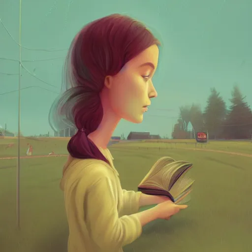 Prompt: a girl reading a book, her hair flowing down, surreal photography, digital painting, artstation, simon stalenhag