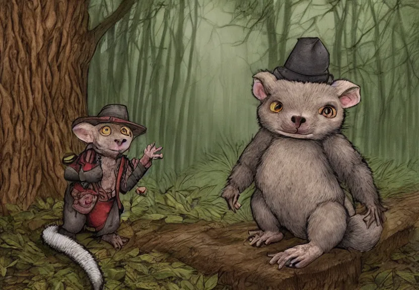 Image similar to possum dressed as an adventurer, hidden in the forest, dark night, colorized, highly detailed, 4k, trending on Artstation, award-winning, art by Maurice Sendak