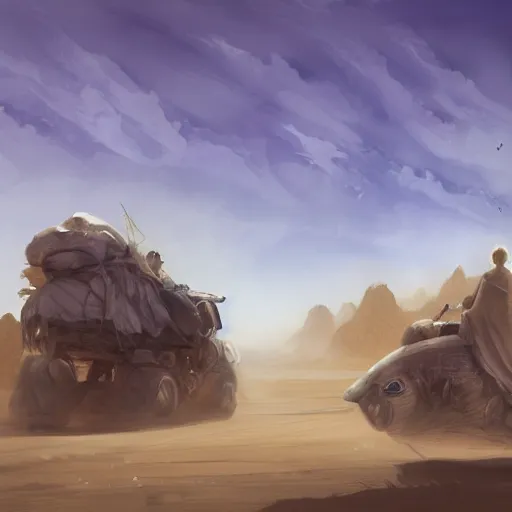 Image similar to last oasis, nomads wandering the desert concept art