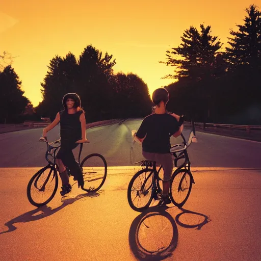 Image similar to teens riding their bikes in the 1 9 8 0 s, long shot, sunset at the golden hour, photoreal, synthwave style