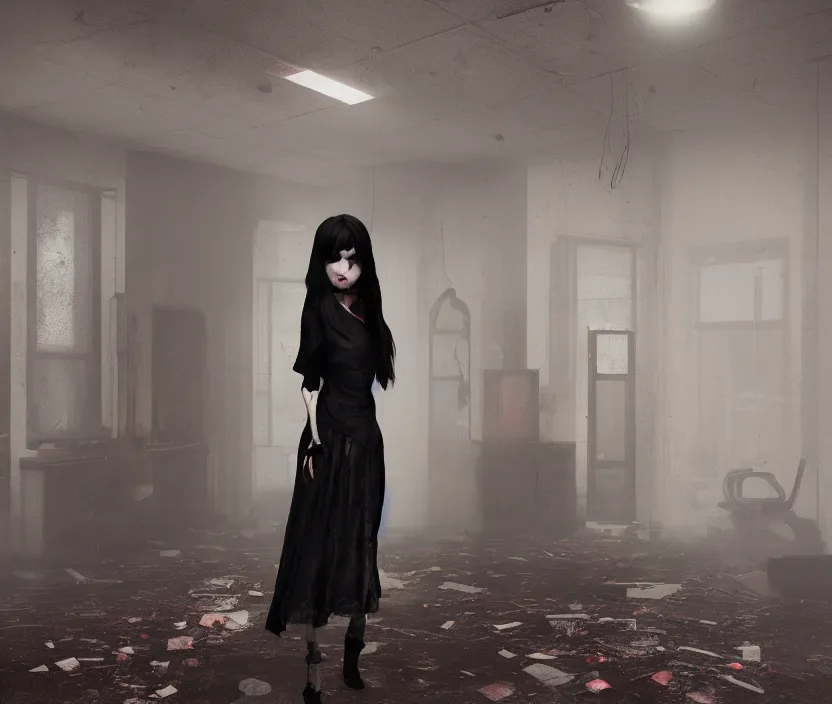 Image similar to gothic girl standing on an abandoned hospital room with red ceiling lighting and several blue lights on the walls, gloomy and foggy atmosphere, octane render, artstation trending, horror scene, highly detailded