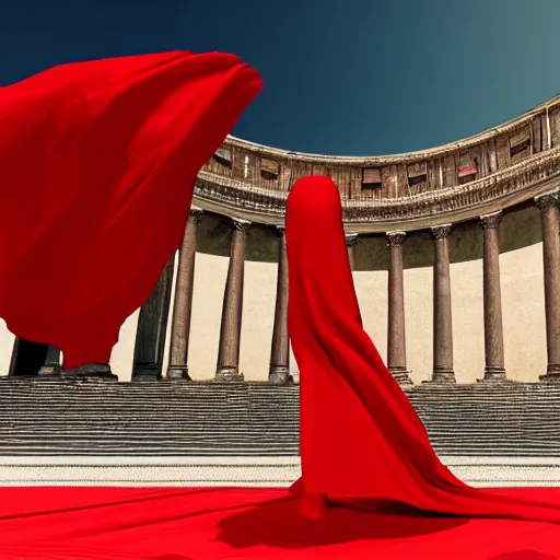 Image similar to a figure covered by red cloth that's blowing in the wind standing in a beautiful roman city, digital art, concept art, cloth simulation with houdini, octane, redshift, 8 k