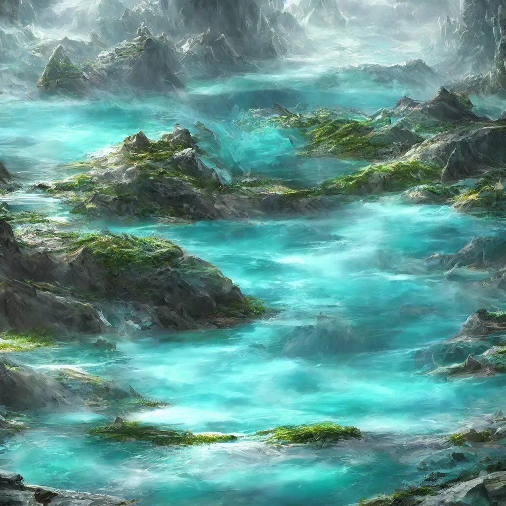 Image similar to crystalline turquoise lake, digital art, concept art, fantasy art, highly detailed, hd wallpaper, hdr, artstation, deviantart, behance