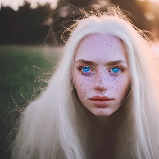 Image similar to beautiful hyperreal portrait of a cute woman, long white hair, freckles, blue eyes, very detailed face, soft smile golden hour, soft focus, 8 k, portra 4 0 0