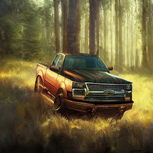 Image similar to a pickup truck in the woods, digital art by ruan jia and mandy jurgens and artgerm, highly detailed, trending on artstation, award winning