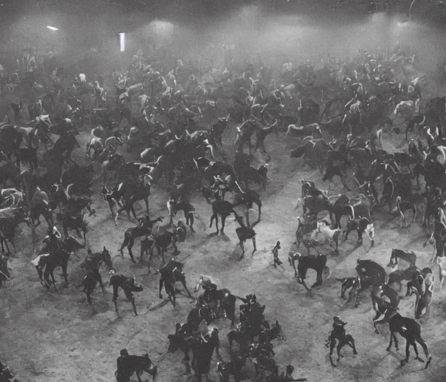 Prompt: photo of a secret horse fighting ring run by the mob in a dark basement