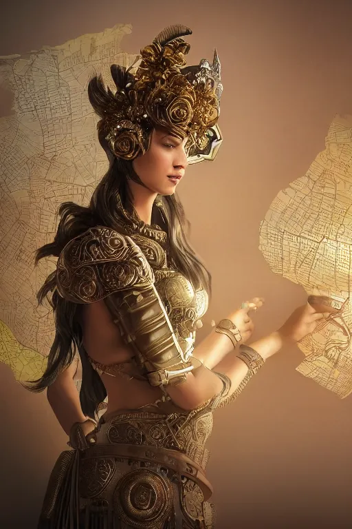 Image similar to hyperdetailed matte illustration of a female knight wearing an ornate gold headpiece and holding a flower with a map of the collective subconscious in the background by octane render