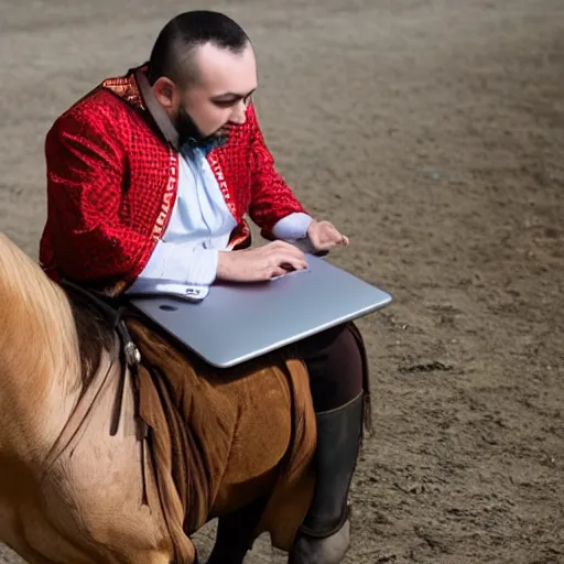 Prompt: typical IT specialist in traditional tatar outfit, working on a laptop while sitting on a horse, horse has Opel logo printed on it.