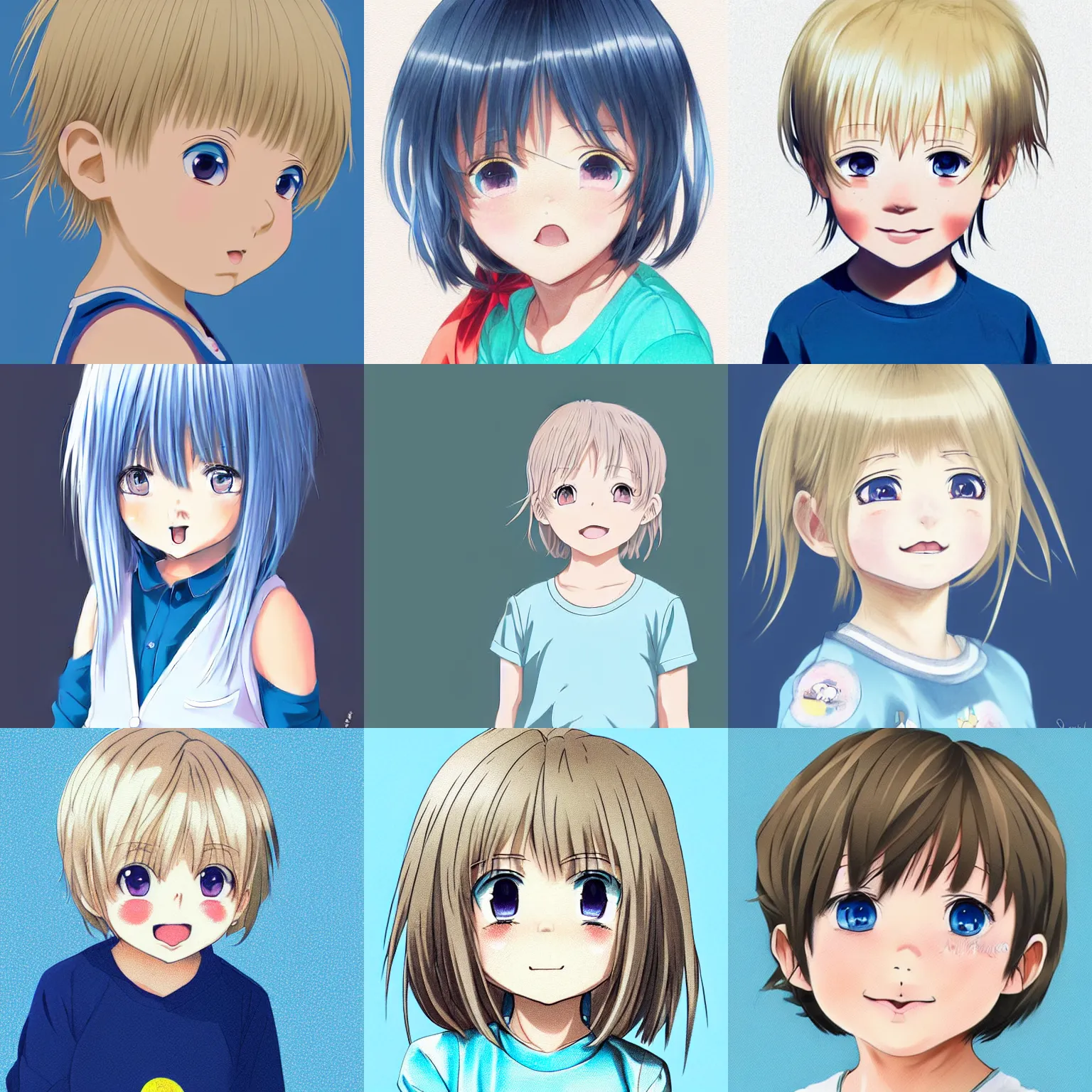 Prompt: A medium shot anime portrait of a little smiling anime girl child with thin curly light ash blonde short hair and light blue eyes, blue-eyed, chubby face, very young, toddler, medium shot portrait, her whole head fits in the frame, solid color background, flat anime style shading, head shot, 2d digital drawing by Stanley Artgerm Lau, WLOP, Rossdraws, James Jean, Andrei Riabovitchev, Marc Simonetti, and Sakimi chan, trending on artstation