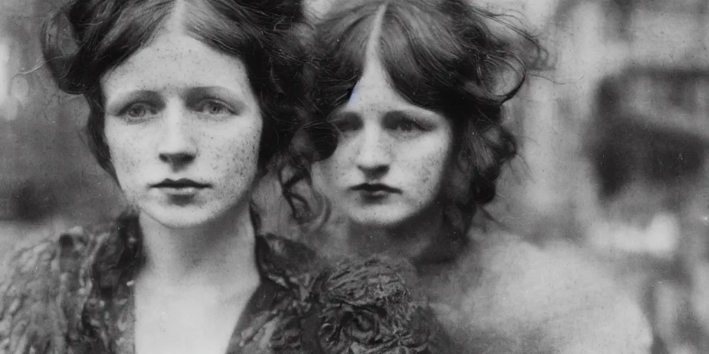 Image similar to a young red haired woman with freckles looks deeply into the camera, 1920's london street, art nouveau, style of Joel Meyerowitz, gustav klimpt, painterly