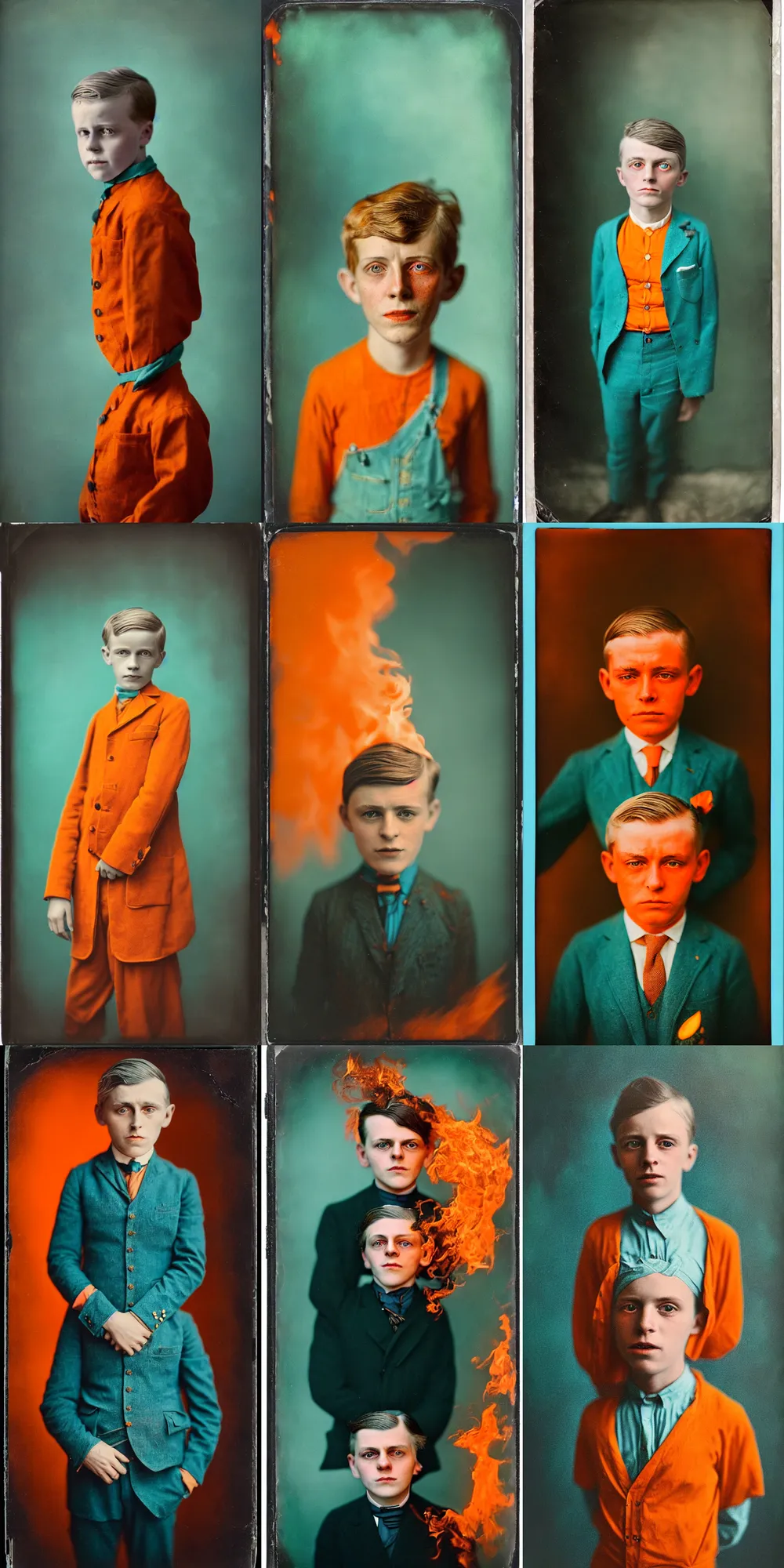 Prompt: kodak portra 4 0 0, wetplate, 8 k, shot of a highly detailed, britt marling style, colour still - life portrait of a lemon looks like a handsome 8 year old boy in hell fire storm, 1 9 2 0 s cloth, 1 9 2 0 s hair, teal and orange, muted coloures