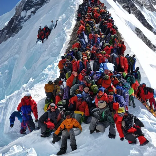 Image similar to humans stacked as high as mount everest