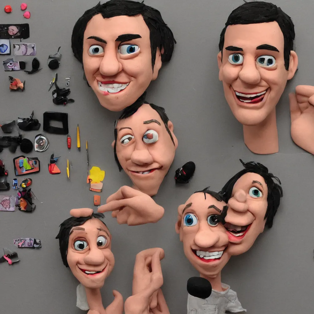 Image similar to very detailed claymation devin montes smiling cartoon head shot