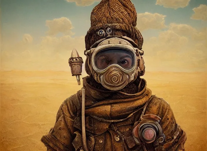 Image similar to a highly detailed forgotten garden gnome wearing goggles and head scarf surviving in a vast barren desert, hopeless wasteland background with a relentless raging sun overhead, hot, post - apocalyptic road warrior vibe, an ultrafine detailed painting by by karol bak and filip hodas, trending on deviantart, pop surrealism, whimsical, lowbrow, perfect symmetrical face, sharp focus, octane, masterpiece