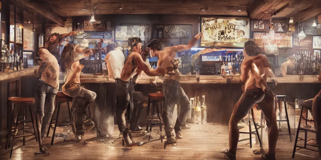 Prompt: a photo of a bar fight inside a pub between men and women, Leica, symmetrical faces, muscles, detailed faces, accurate faces, 4k, 3D render, hyperrealism, editorial, photorealistic, crisp details, sharp focus, wide angle lens, octane render, cinematic lighting