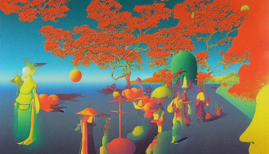 Prompt: Japan rural splendor travel and tourism c2050, surrealist psychedelic collage painting in the style of Magritte, Roger Dean, Yoshio Awazu, muted deep neon color