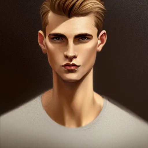 Image similar to tall man in his twenties with brown blond short quiff hair and thin slightly round facial structure with cleft chin, straight eyebrows and prominent nose, good definition of cheekbones, big hazel nut brown eyes, narrow face, slim body, atmospheric lighting, painted, intricate, 4 k, highly detailed by charlie bowater