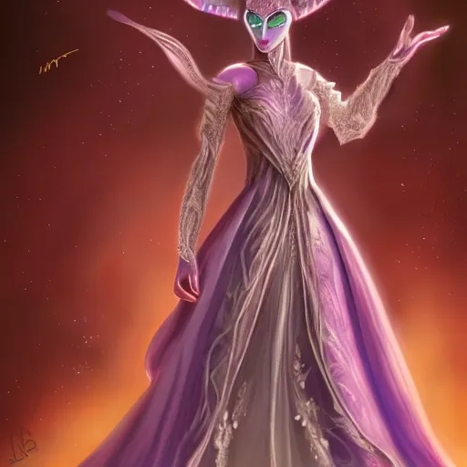 Image similar to alien princess, purple translucent skin!! royalty, white crown, intricate details, flowing gown, padme amidala, art station, sci fi concept art, 8k,
